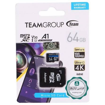 کارت حافظه تیم گروپ مدل A1 V30 U3 ظرفیت ۶۴ گیگابایت با سرعت ۱۰۰MB/s