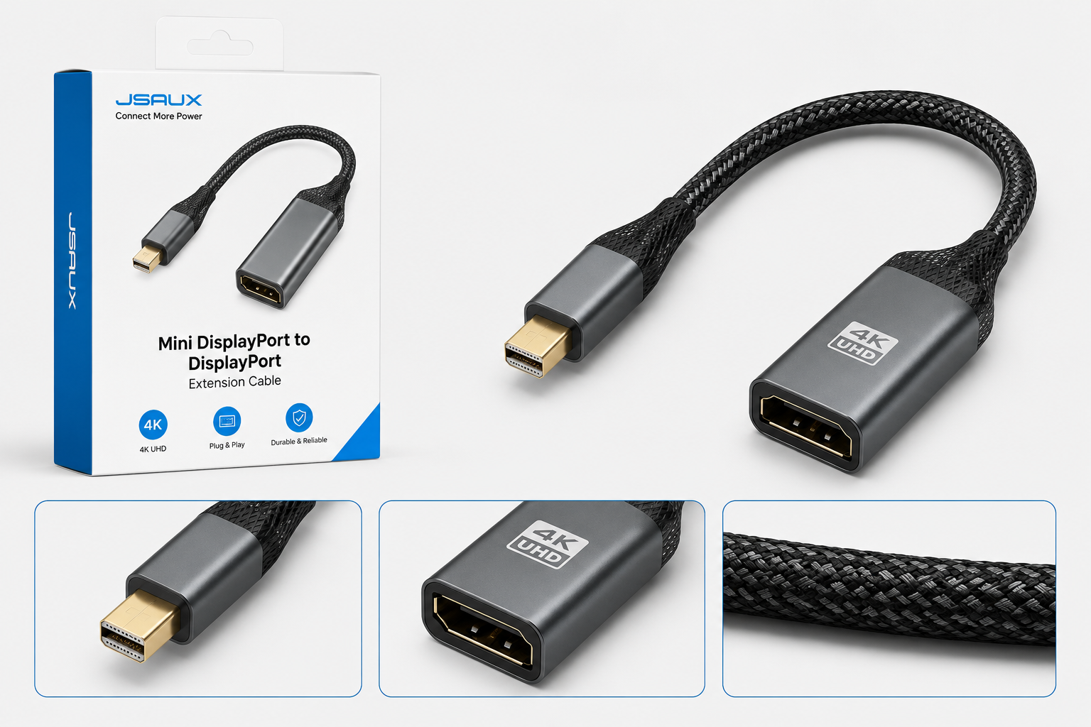 تبدیل Mini DisplayPort به DisplayPort JSAUX مدل CV0044 طول 20 سانتی‌متر | روکش بافته‌شده